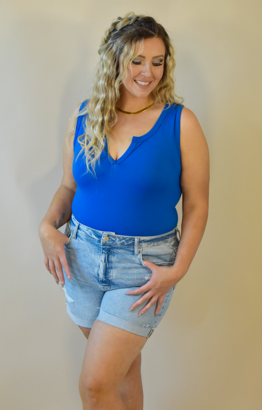 Front V-Cut Classic Blue Tank Bodysuit