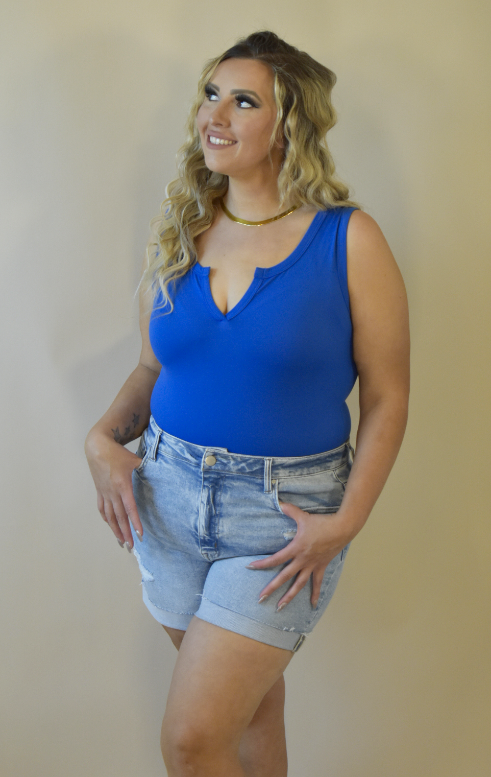 Front V-Cut Classic Blue Tank Bodysuit