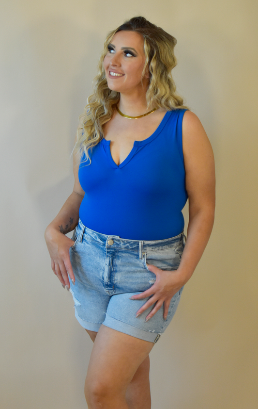 Front V-Cut Classic Blue Tank Bodysuit