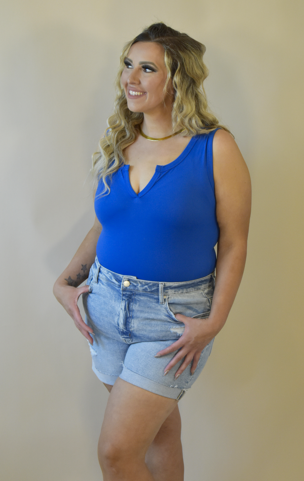 Front V-Cut Classic Blue Tank Bodysuit