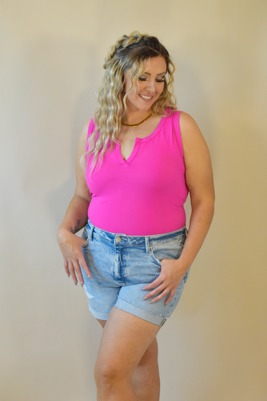 Front V-Cut Hot Pink Tank Bodysuit