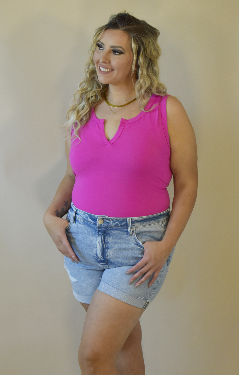 Front V-Cut Hot Pink Tank Bodysuit