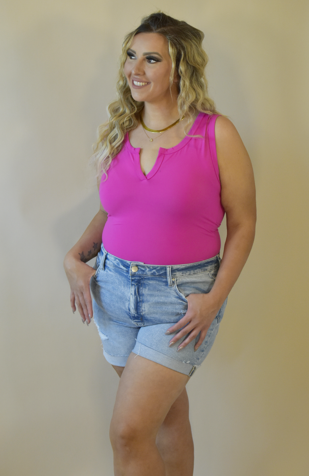 Front V-Cut Hot Pink Tank Bodysuit