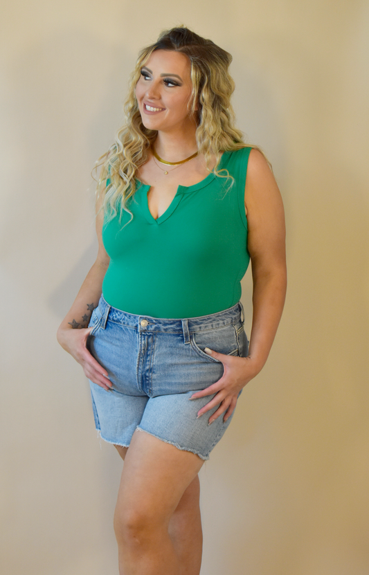 Front V-Cut Kelly Green Tank Bodysuit