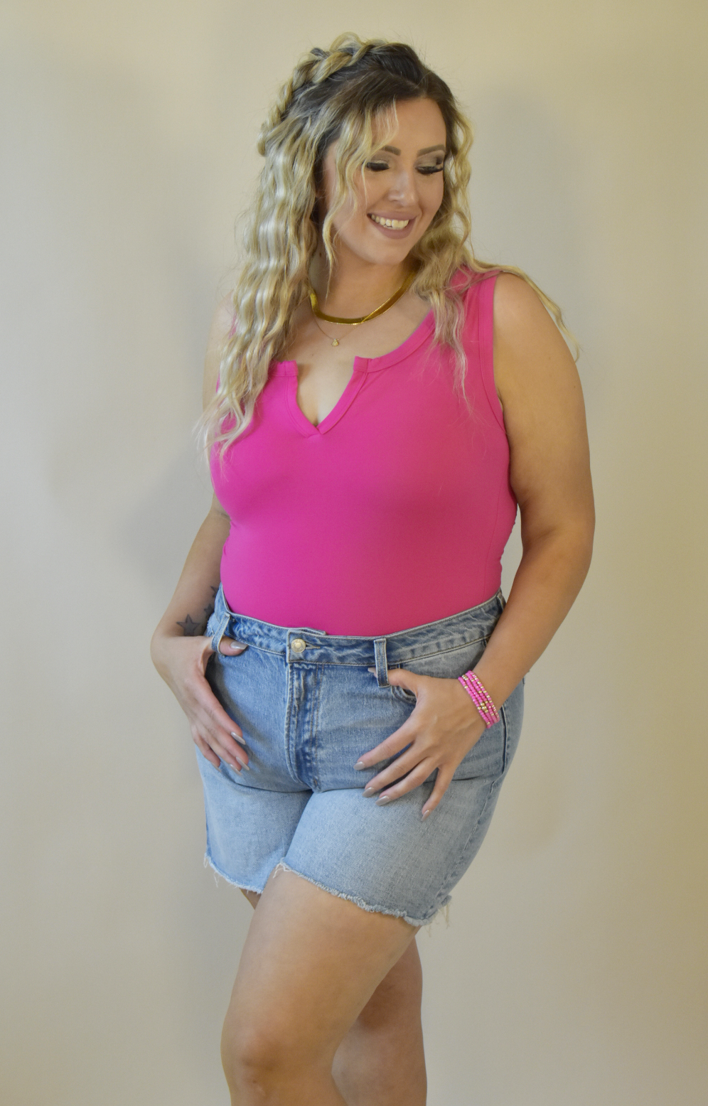 Front V-Cut Neon Pink Tank Bodysuit