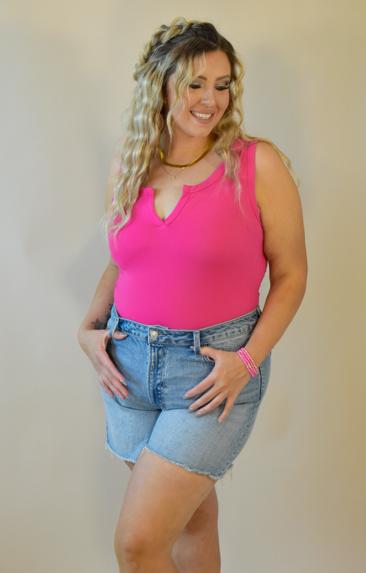 Front V-Cut Neon Pink Tank Bodysuit