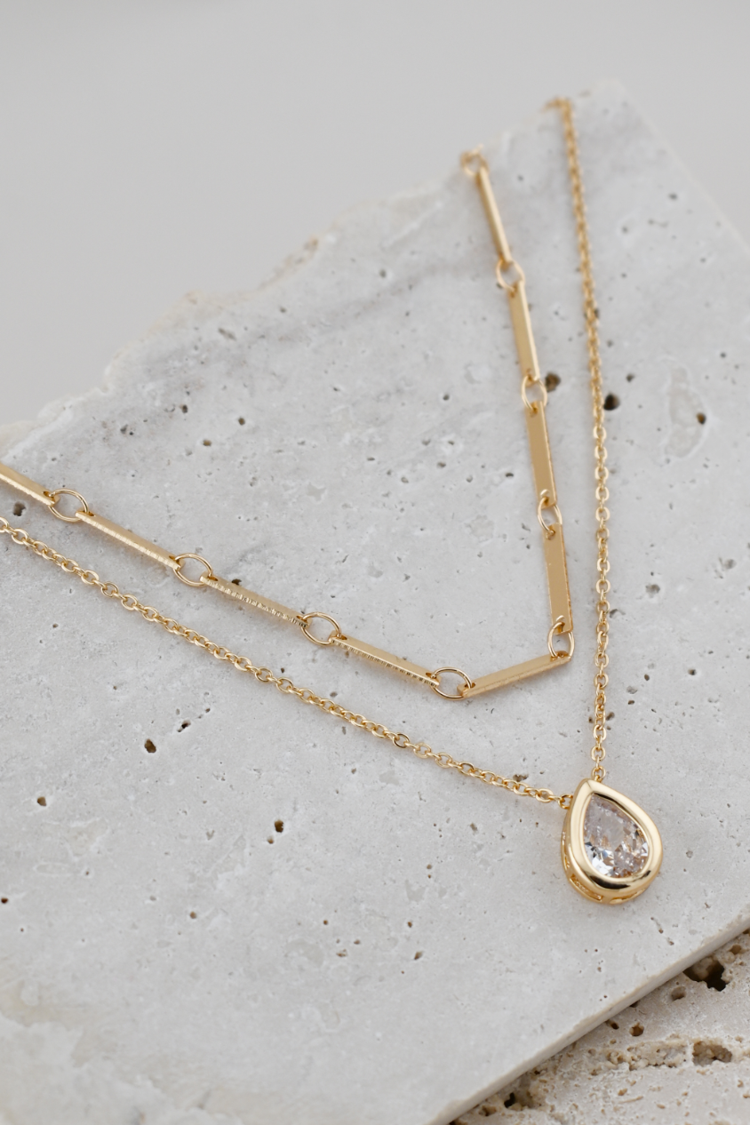 CZ Tear Pendant Layered Chains Necklace