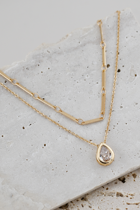 CZ Tear Pendant Layered Chains Necklace