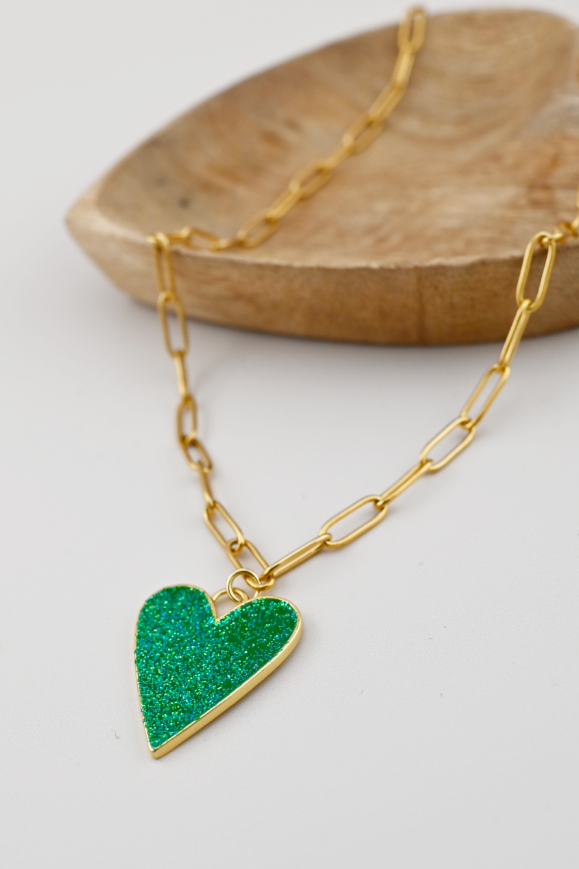Lucky Green Heart Paperclip Necklace
