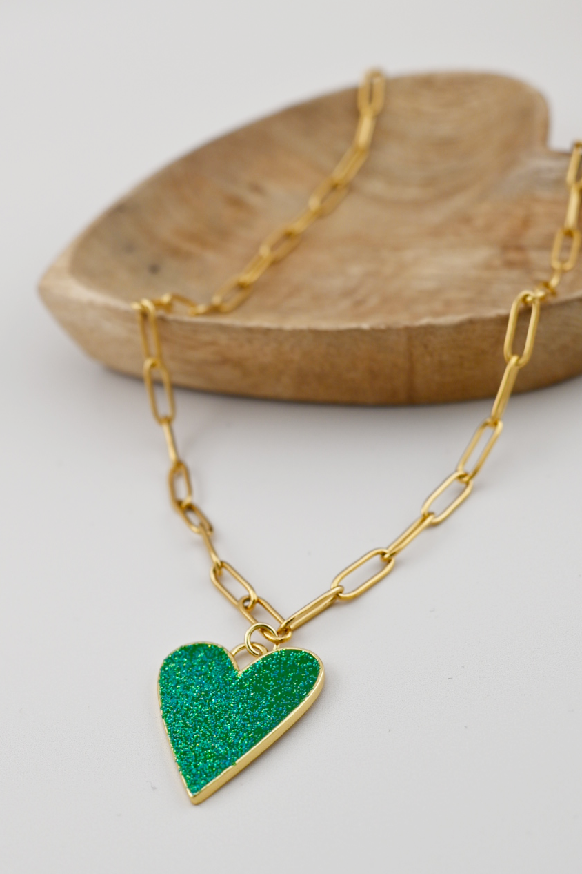 Lucky Green Heart Paperclip Necklace