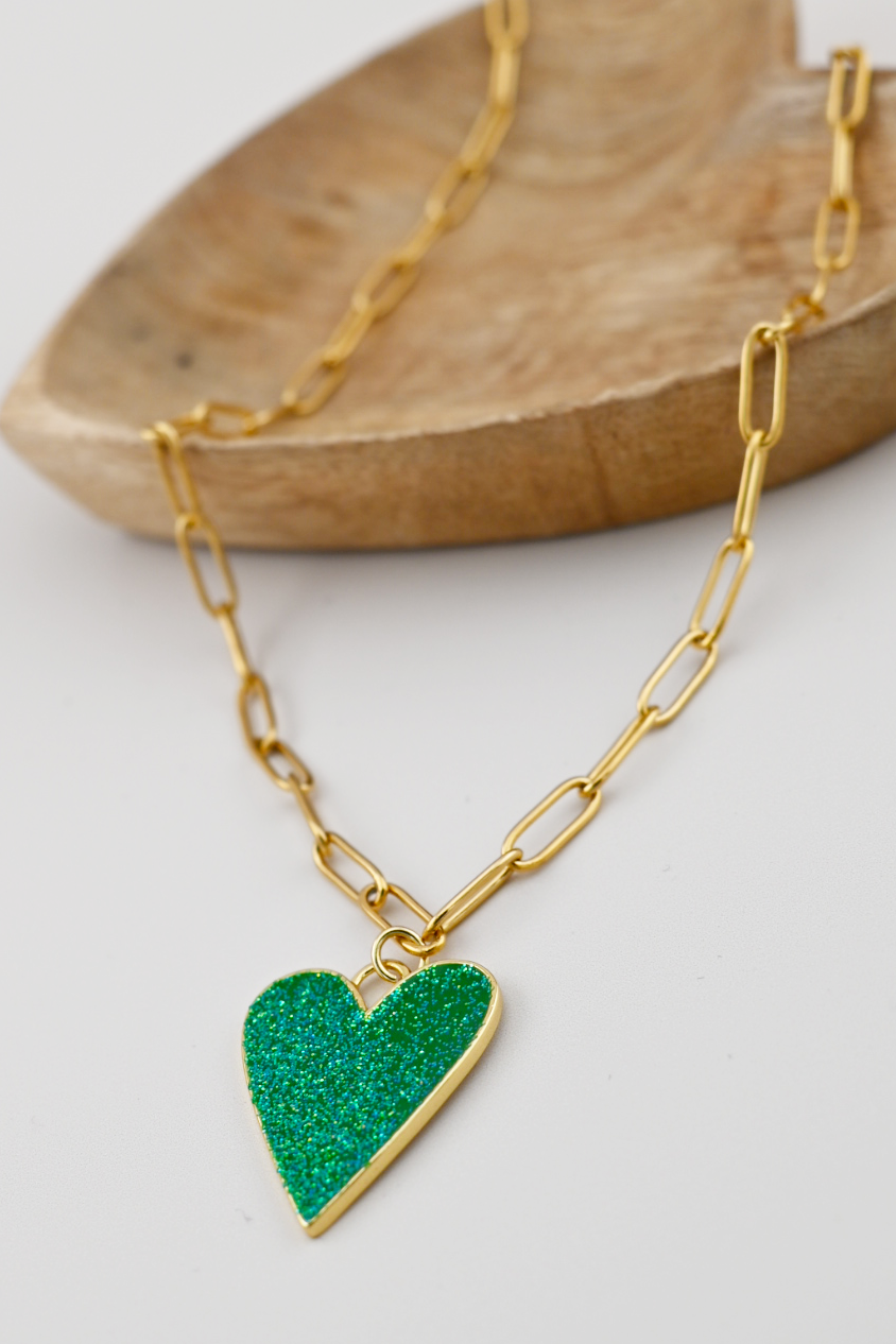 Lucky Green Heart Paperclip Necklace