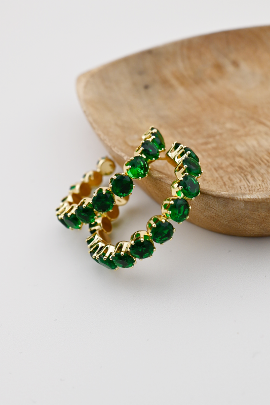 Green Bold Rhinestone Hoop Earrings