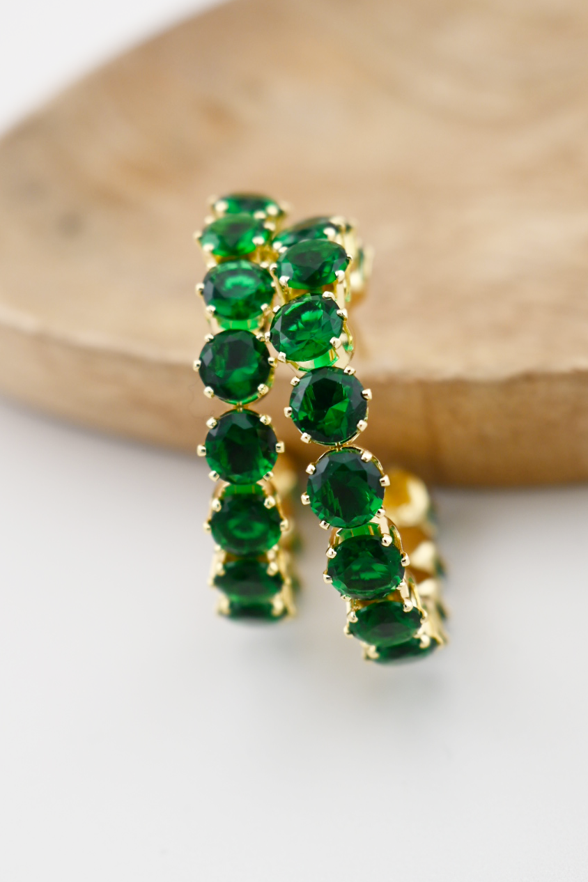 Green Bold Rhinestone Hoop Earrings