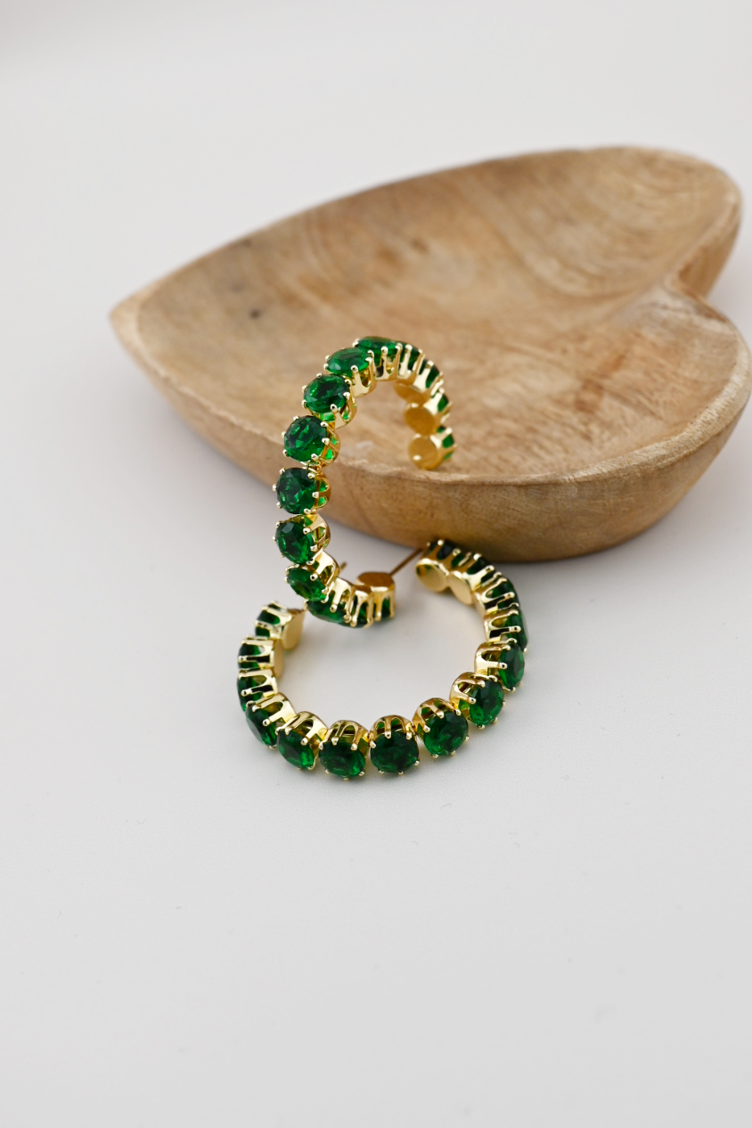 Green Bold Rhinestone Hoop Earrings