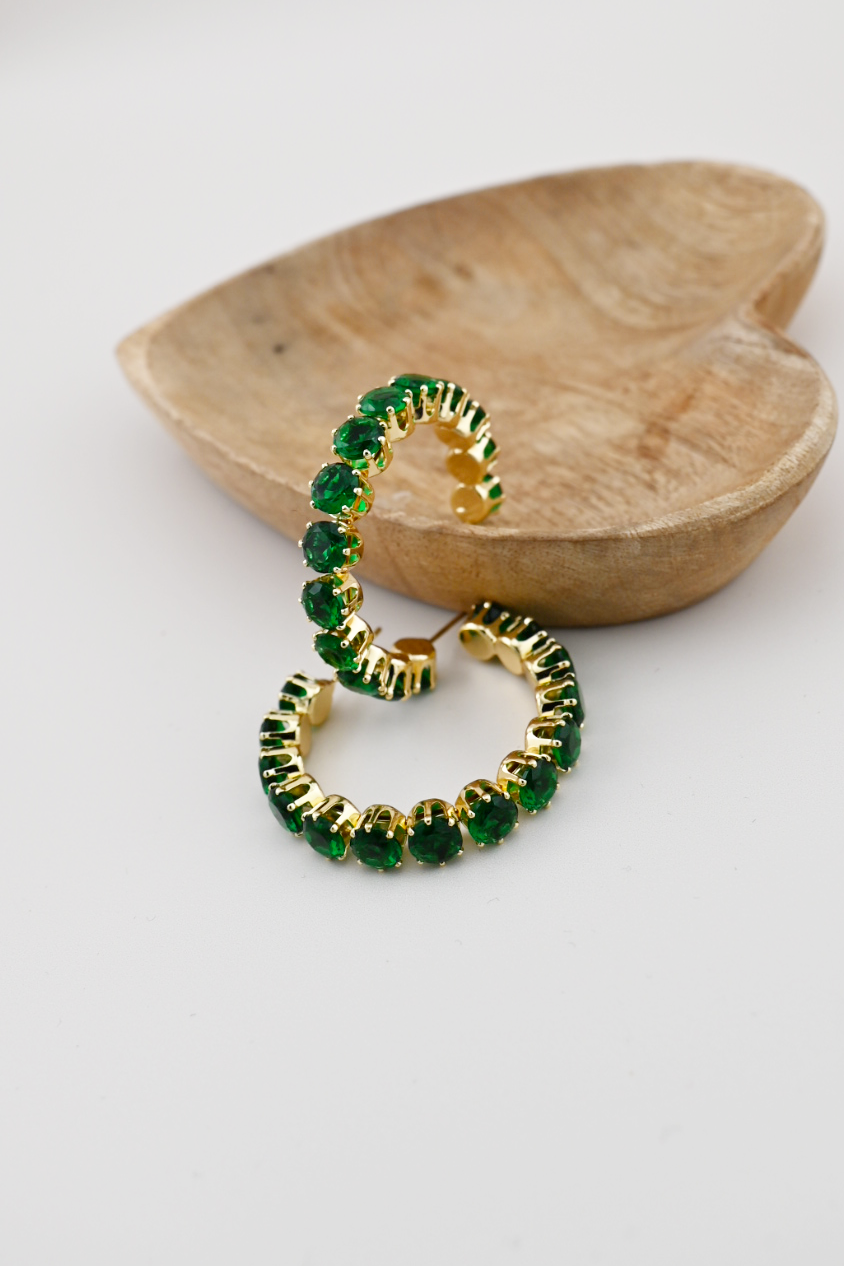 Green Bold Rhinestone Hoop Earrings