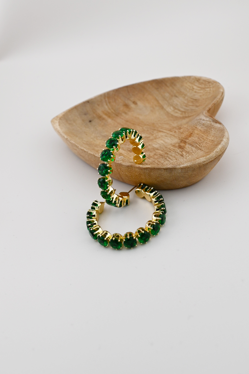 Green Bold Rhinestone Hoop Earrings