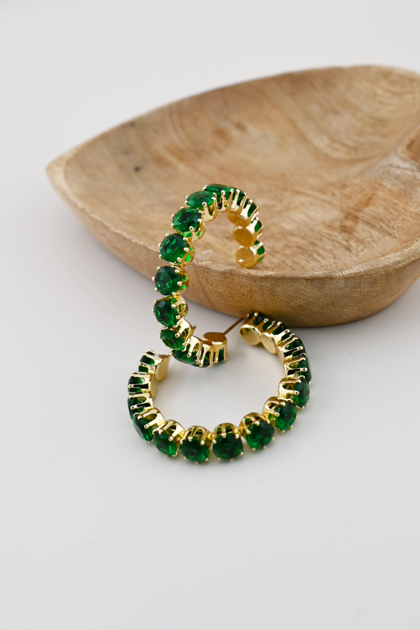 Green Bold Rhinestone Hoop Earrings
