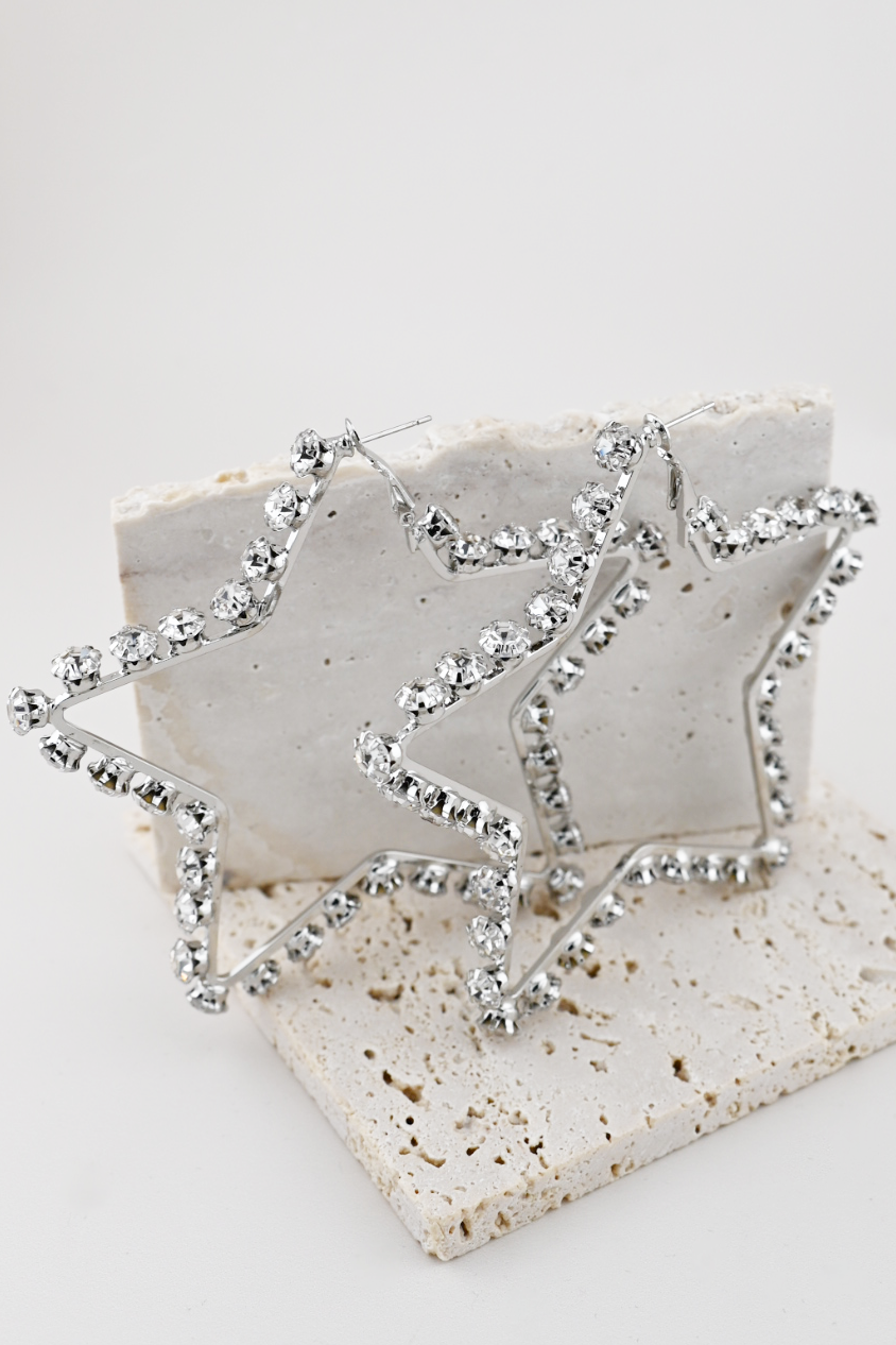 Silver Rhinestone Star Statement Hoops