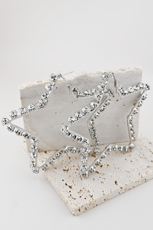 Silver Rhinestone Star Statement Hoops