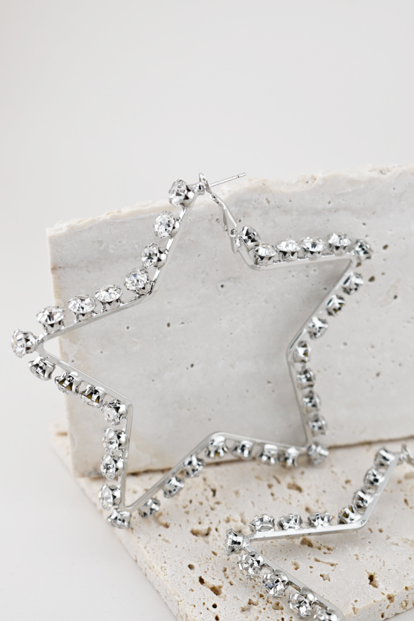 Silver Rhinestone Star Statement Hoops