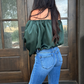 Emerald Elegance Off-Shoulder Satin Blouse
