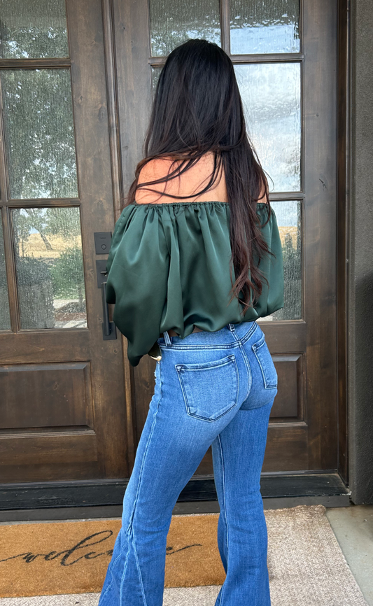 Emerald Elegance Off-Shoulder Satin Blouse