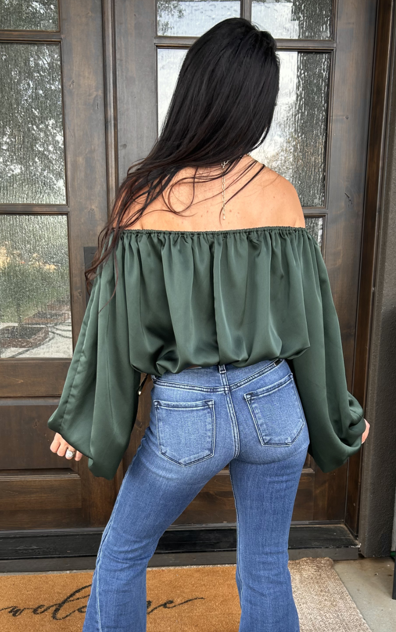 Emerald Elegance Off-Shoulder Satin Blouse