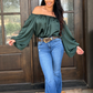Emerald Elegance Off-Shoulder Satin Blouse