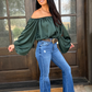 Emerald Elegance Off-Shoulder Satin Blouse