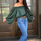 Emerald Elegance Off-Shoulder Satin Blouse