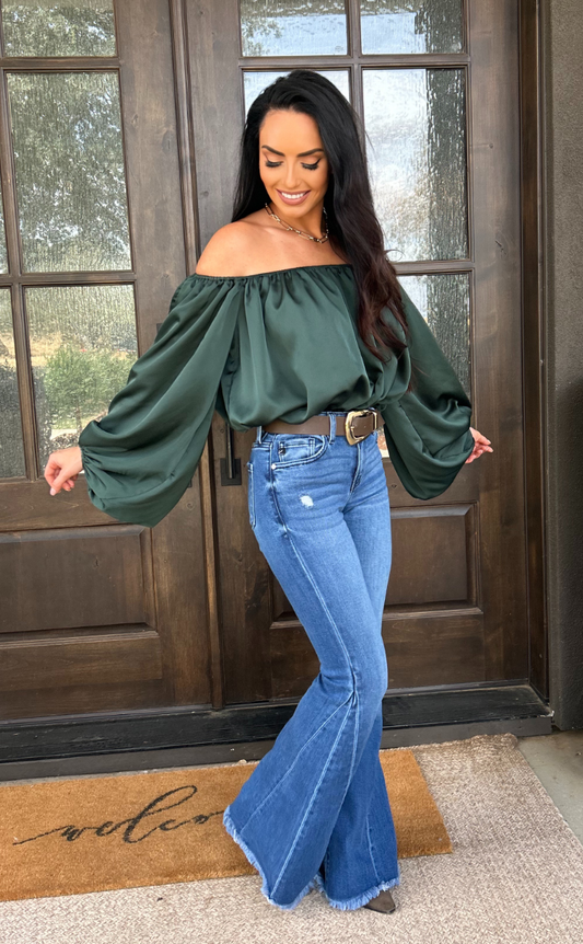 Emerald Elegance Off-Shoulder Satin Blouse
