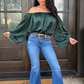Emerald Elegance Off-Shoulder Satin Blouse