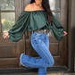 Emerald Elegance Off-Shoulder Satin Blouse