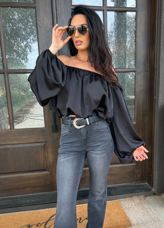 Black Elegance Off-Shoulder Satin Blouse