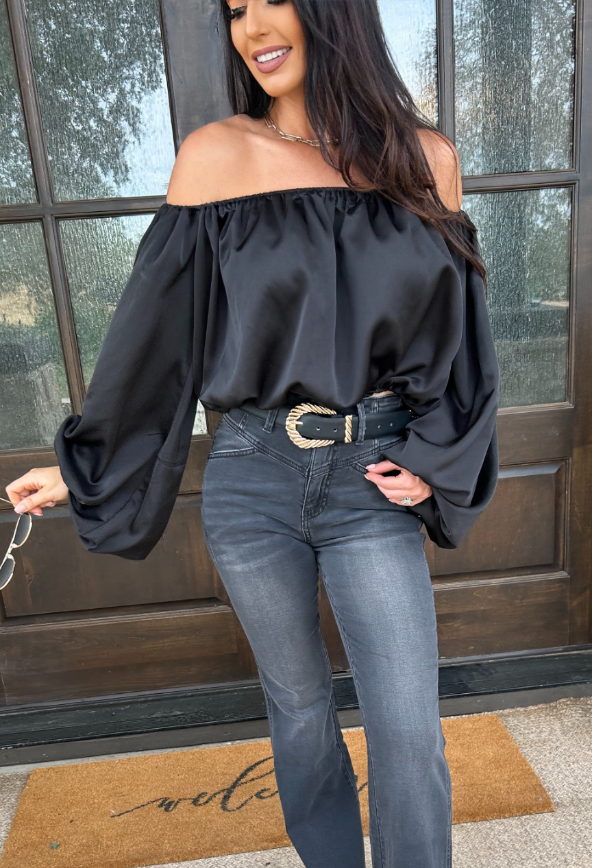 Black Elegance Off-Shoulder Satin Blouse