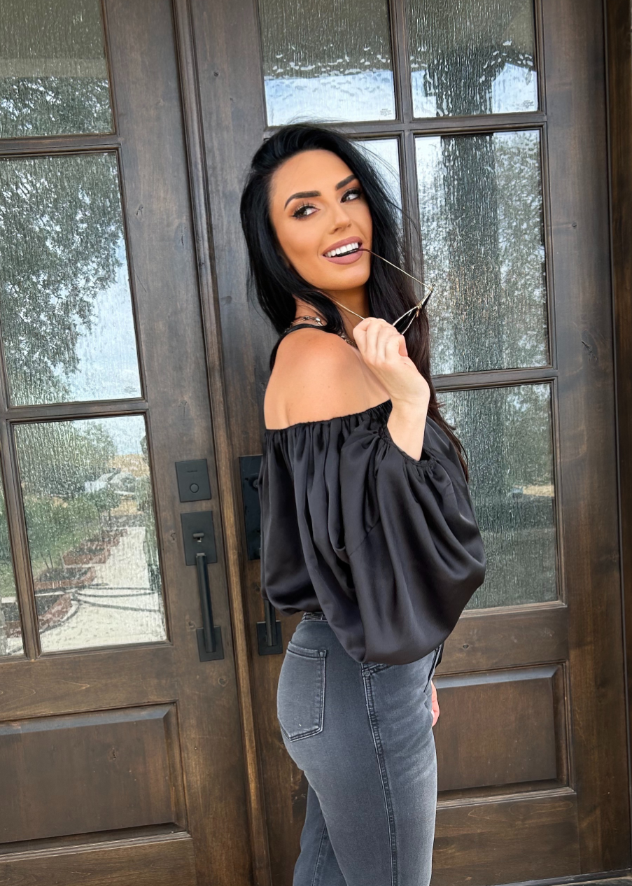 Black Elegance Off-Shoulder Satin Blouse