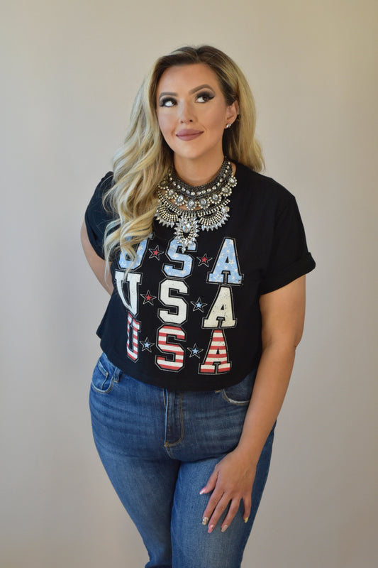 USA Black Crop Tee