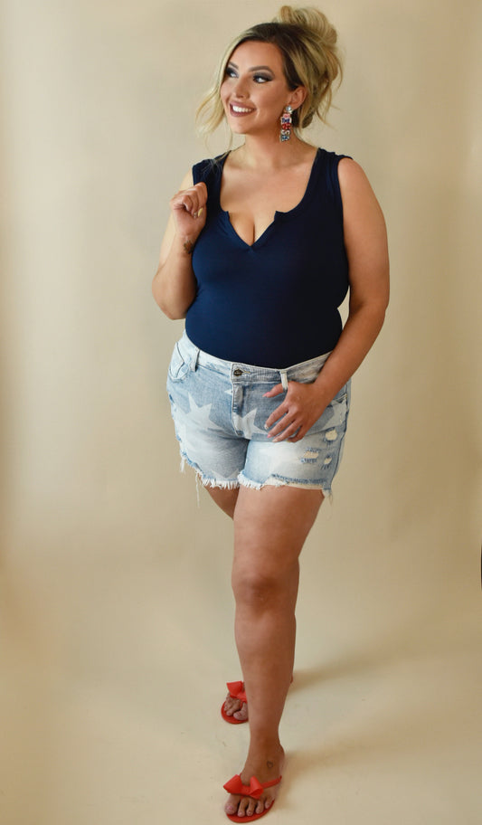 Front V-Cut Navy Tank Bodysuit