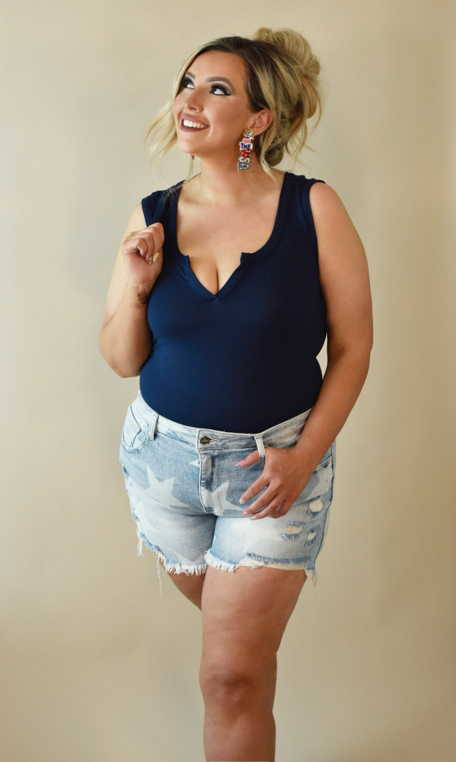 Front V-Cut Navy Tank Bodysuit