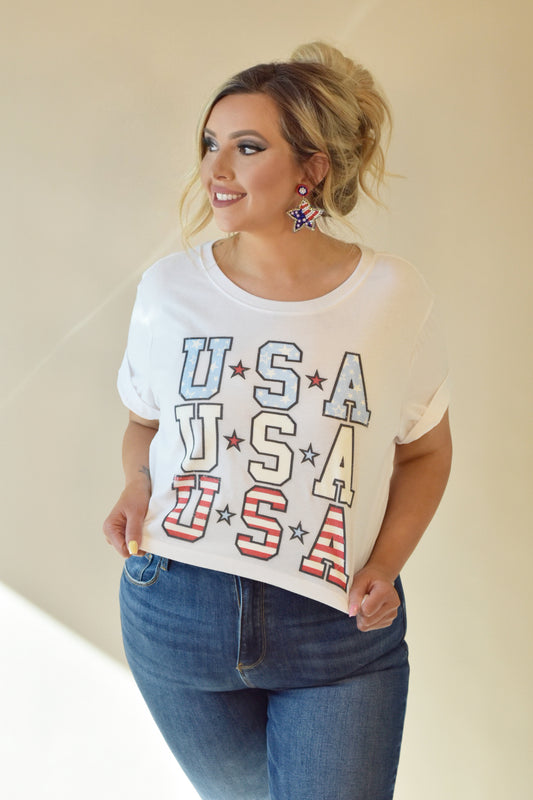 USA White Crop Tee