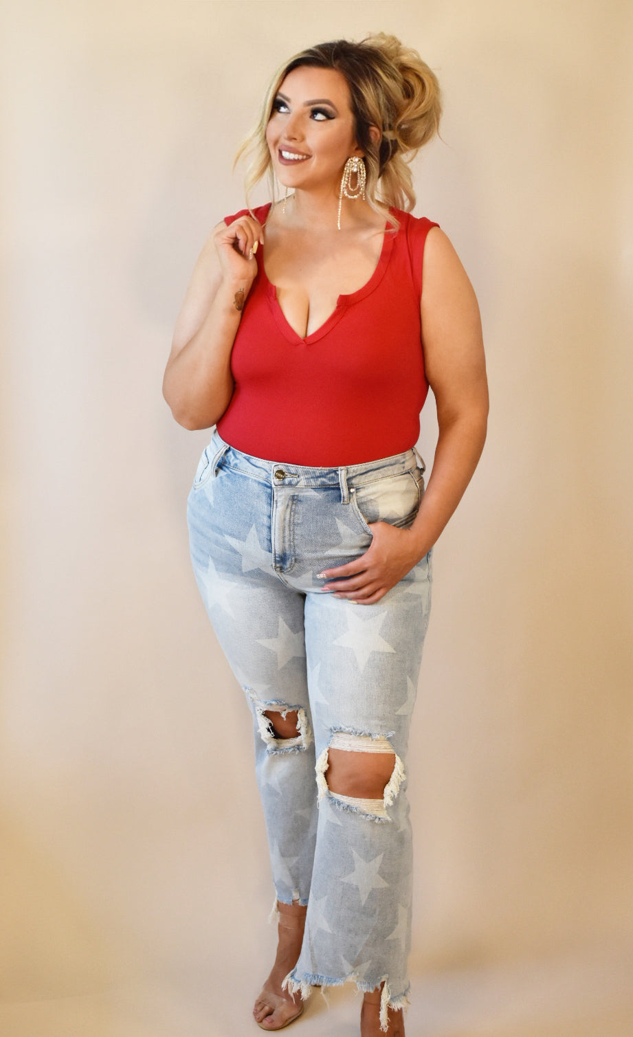 Front V-Cut Red Tank Bodysuit