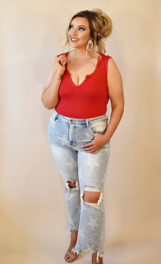 Front V-Cut Red Tank Bodysuit