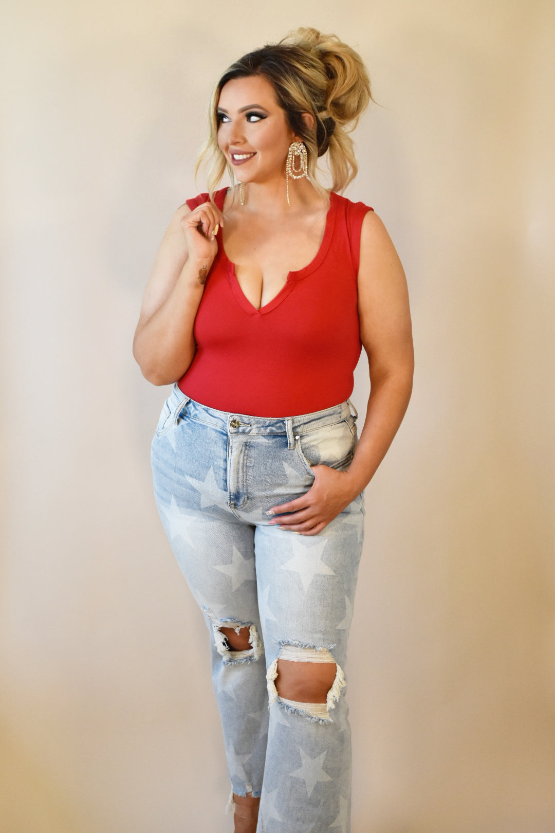 Front V-Cut Red Tank Bodysuit