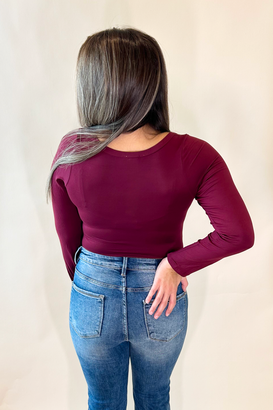 Burgundy V-Front Long Sleeve Bodysuit