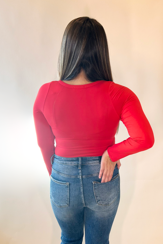 Red V-Front Long Sleeve Bodysuit