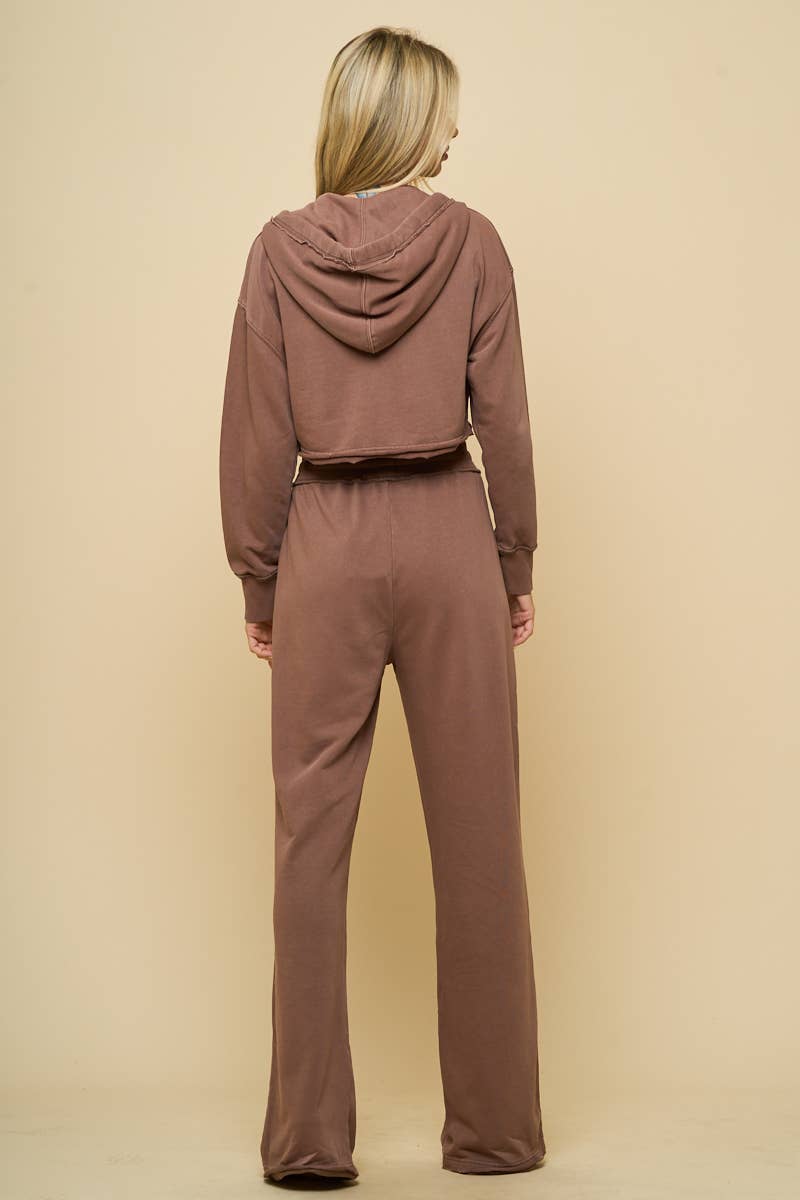 Brown Washed Cropped Zip-Up Hoodie Jacket And Long Pants